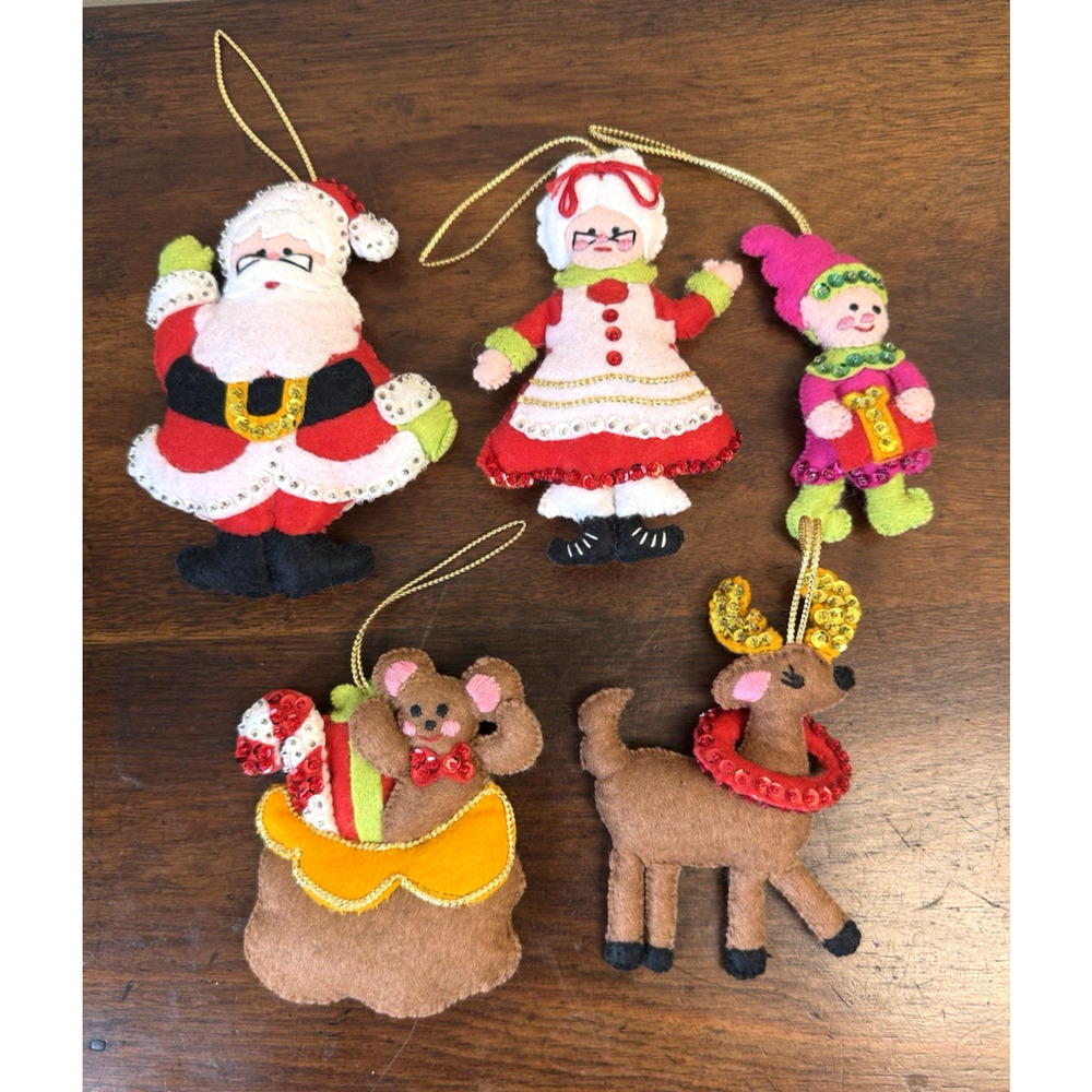 Vintage 1980s Felt Christmas Ornaments Santa Reindeer Mouse Elf Sequins Lot of 5